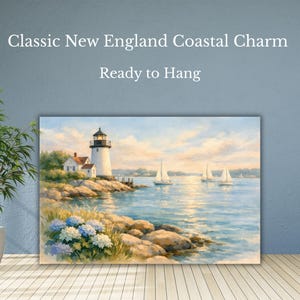 May include: A canvas print of a coastal scene featuring a white lighthouse with a black top, a small house, and sailboats on the water. The text "Classic New England Coastal Charm" and "Ready to Hang" are displayed at the top.