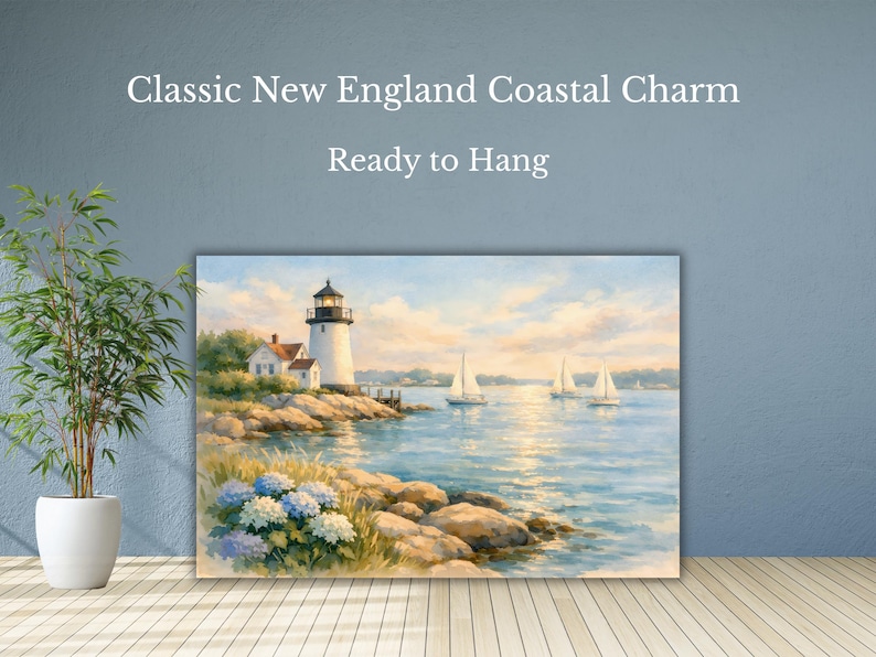 May include: A canvas print of a coastal scene featuring a white lighthouse with a black top, a small house, and sailboats on the water. The text "Classic New England Coastal Charm" and "Ready to Hang" are displayed at the top.