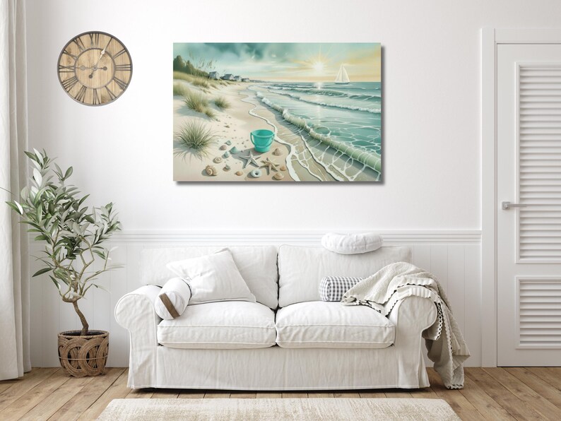 Coastal Home Canvas Wall Art; Ocean Seashell Beach Scene for Nautical ...