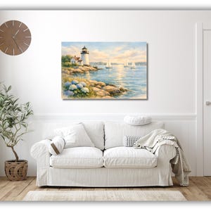 Coastal Lighthouse Canvas Wall Art, New England Nautical Watercolor Print for Home Decor image 7