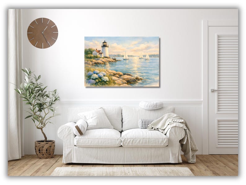 Coastal Lighthouse Canvas Wall Art, New England Nautical Watercolor Print for Home Decor image 7