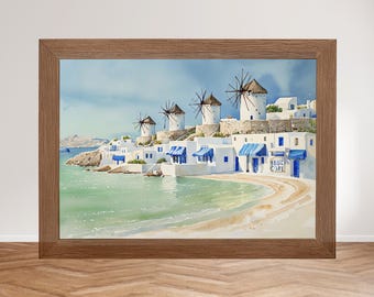 Mykonos Grecia Wall Art, stampa di decorazioni per la casa sulla spiaggia e sulla costa (download digitale)