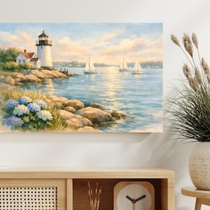 Coastal Lighthouse Canvas Wall Art, New England Nautical Watercolor Print for Home Decor image 3