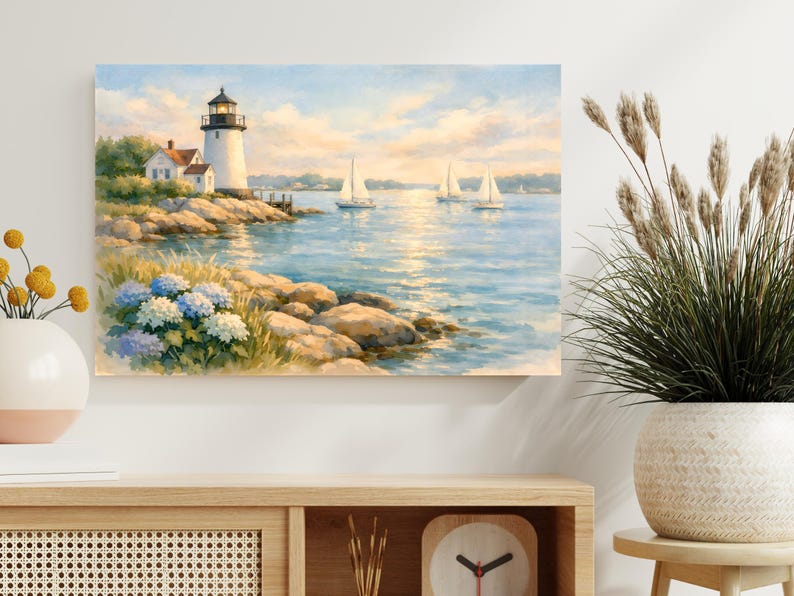 Coastal Lighthouse Canvas Wall Art, New England Nautical Watercolor Print for Home Decor image 3