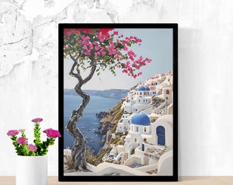 Santorini Greece Wall Art Print, Mediterranean Coastal Beach Home Decor, Digital Download Print