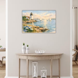 Coastal Lighthouse Canvas Wall Art, New England Nautical Watercolor Print for Home Decor image 5