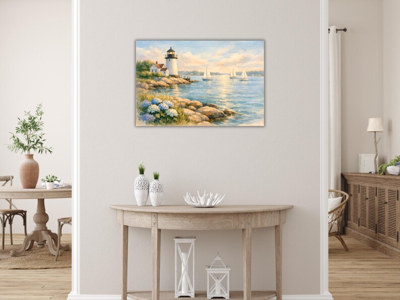 Coastal Lighthouse Canvas Wall Art, New England Nautical Watercolor Print for Home Decor image 5