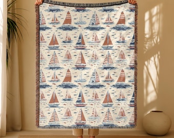 Sailboat Woven Blanket, Coastal Beach House Cotton Throw
