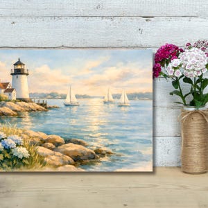 May include: Watercolor painting of a coastal scene featuring a lighthouse, sailboats, and a calm sea under a cloudy sky. The lighthouse is white with a black top, and the sailboats have white sails. Hydrangeas and rocks are in the foreground.