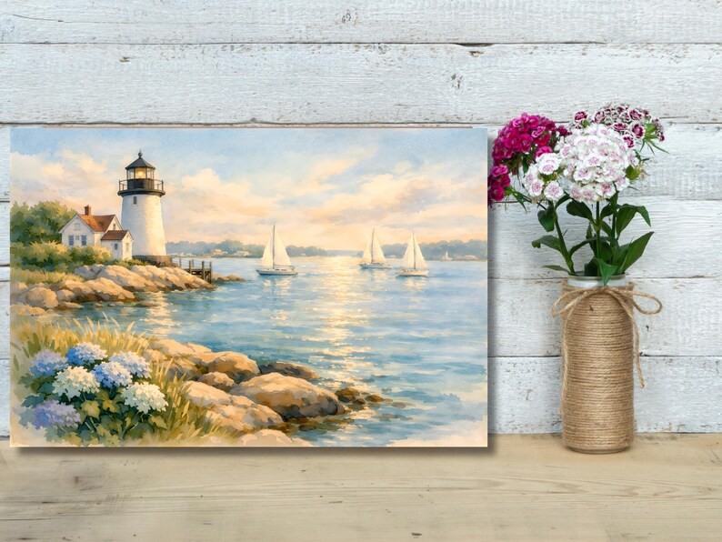 May include: Watercolor painting of a coastal scene featuring a lighthouse, sailboats, and a calm sea under a cloudy sky. The lighthouse is white with a black top, and the sailboats have white sails. Hydrangeas and rocks are in the foreground.