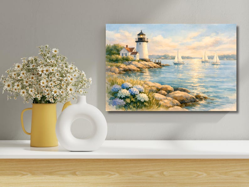 May include: A coastal landscape painting featuring a white lighthouse with a black top, a small house, and sailboats on the water. The scene includes rocks, blue hydrangeas, and a yellow and white vase with flowers.