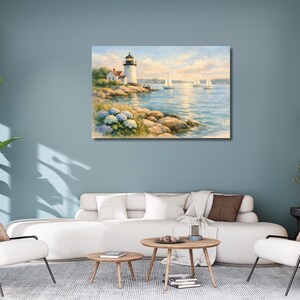 Coastal Lighthouse Canvas Wall Art, New England Nautical Watercolor Print for Home Decor image 4