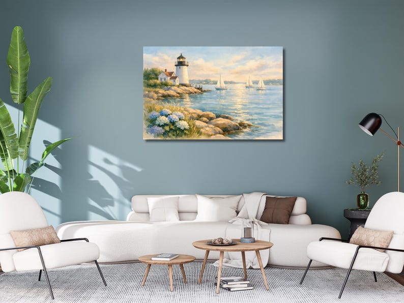 Coastal Lighthouse Canvas Wall Art, New England Nautical Watercolor Print for Home Decor image 4