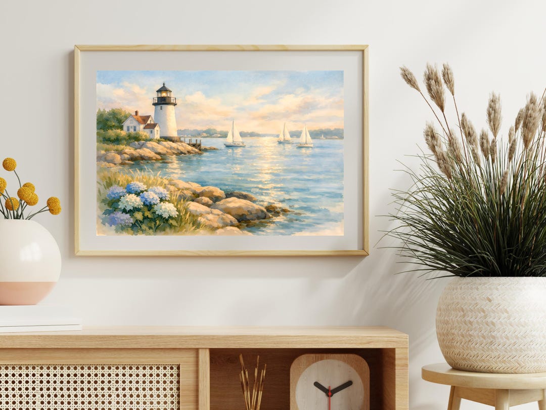 Coastal Lighthouse Watercolor Art Print, New England Seascape (digital ...