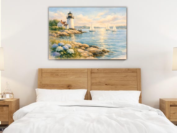 Coastal Lighthouse Canvas Wall Art, New England Nautical Watercolor Print for Home Decor