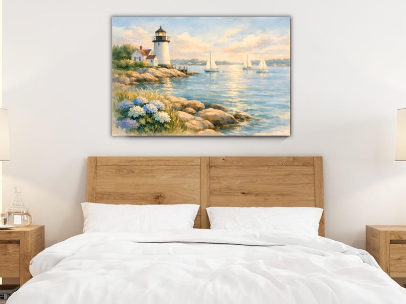 Bring the timeless beauty of New England’s coastline into your home with this ready-to-hang coastal lighthouse canvas wall art. This serene watercolor scene features a classic white lighthouse overlooking a peaceful harbor, sailboats gliding across sunlit water, rocky shoreline, and soft coastal greenery.The soft watercolor style and tranquil coastal palette make it ideal for beach houses, coastal cottages, Cape Cod or Nantucket-inspired homes, lake houses, and vacation rentals.