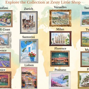 K&ouml;nnte beinhalten: Eine Sammlung von vierzehn gerahmten Landschaftsgem&auml;lden vor einem Weltkartenhintergrund mit dem Text Explore the Collection at Zesty Little Shop. Die Kunstwerke zeigen verschiedene internationale Stadtansichten und Szenen in unterschiedlichen Rahmen.