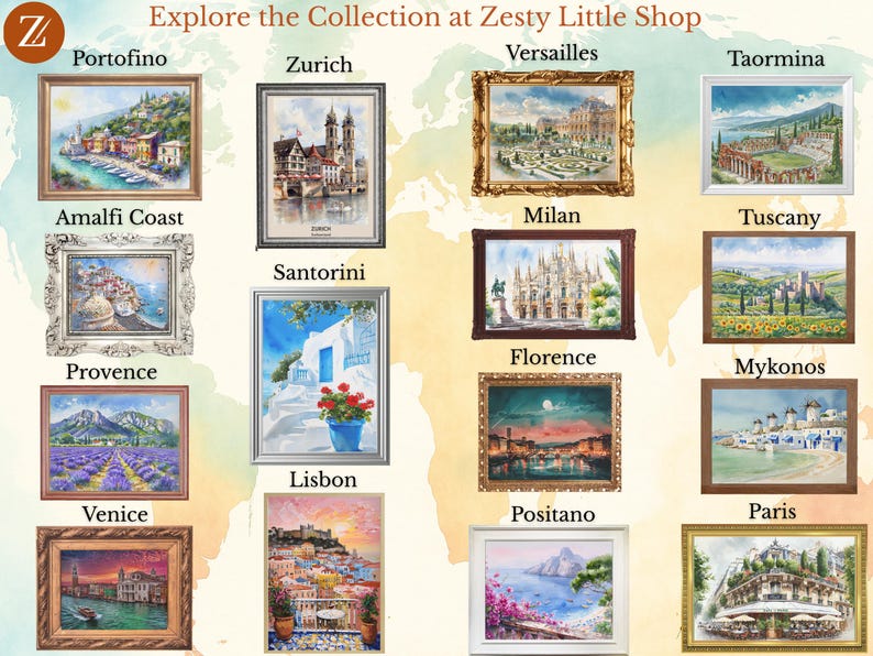 K&ouml;nnte beinhalten: Eine Sammlung von vierzehn gerahmten Landschaftsgem&auml;lden vor einem Weltkartenhintergrund mit dem Text Explore the Collection at Zesty Little Shop. Die Kunstwerke zeigen verschiedene internationale Stadtansichten und Szenen in unterschiedlichen Rahmen.