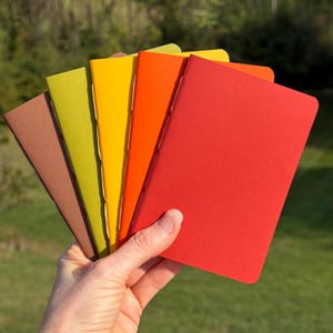 May include: A set of five small notebooks arranged in a fan shape, featuring solid covers in shades of brown, lime green, yellow, orange, and red. Each notebook has a simple, clean design with a visible stitched spine along the left edge.