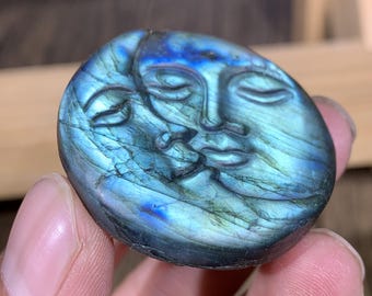 45MM Natural Labradorite Moon&Sun Carving, Hand Carved Crystal Figurine Decor, Healing Crystal Sculpture Home Decor, Crystal Gifts For Him.