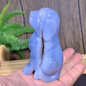 Statuetta di cane in agata geode drusa da 100 mm, scultura di cristallo intagliata a mano, decorazione per la casa, regali di cristalli curativi.