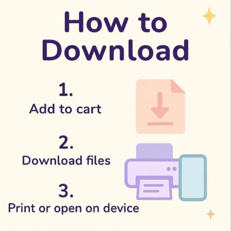 Peut inclure: Graphique expliquant comment t&eacute;l&eacute;charger un produit num&eacute;rique. Les &eacute;tapes incluent l'ajout au panier, le t&eacute;l&eacute;chargement des fichiers et l'impression ou l'ouverture sur un appareil. L'image pr&eacute;sente une ic&ocirc;ne de document, une imprimante et un smartphone.