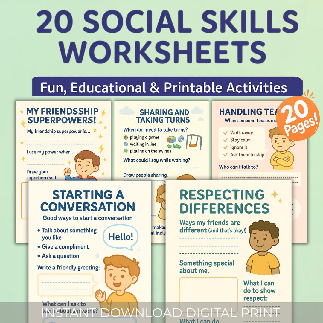 SEL Social Skills Worksheets for Kids – 20 Printable Emotional Learning ...