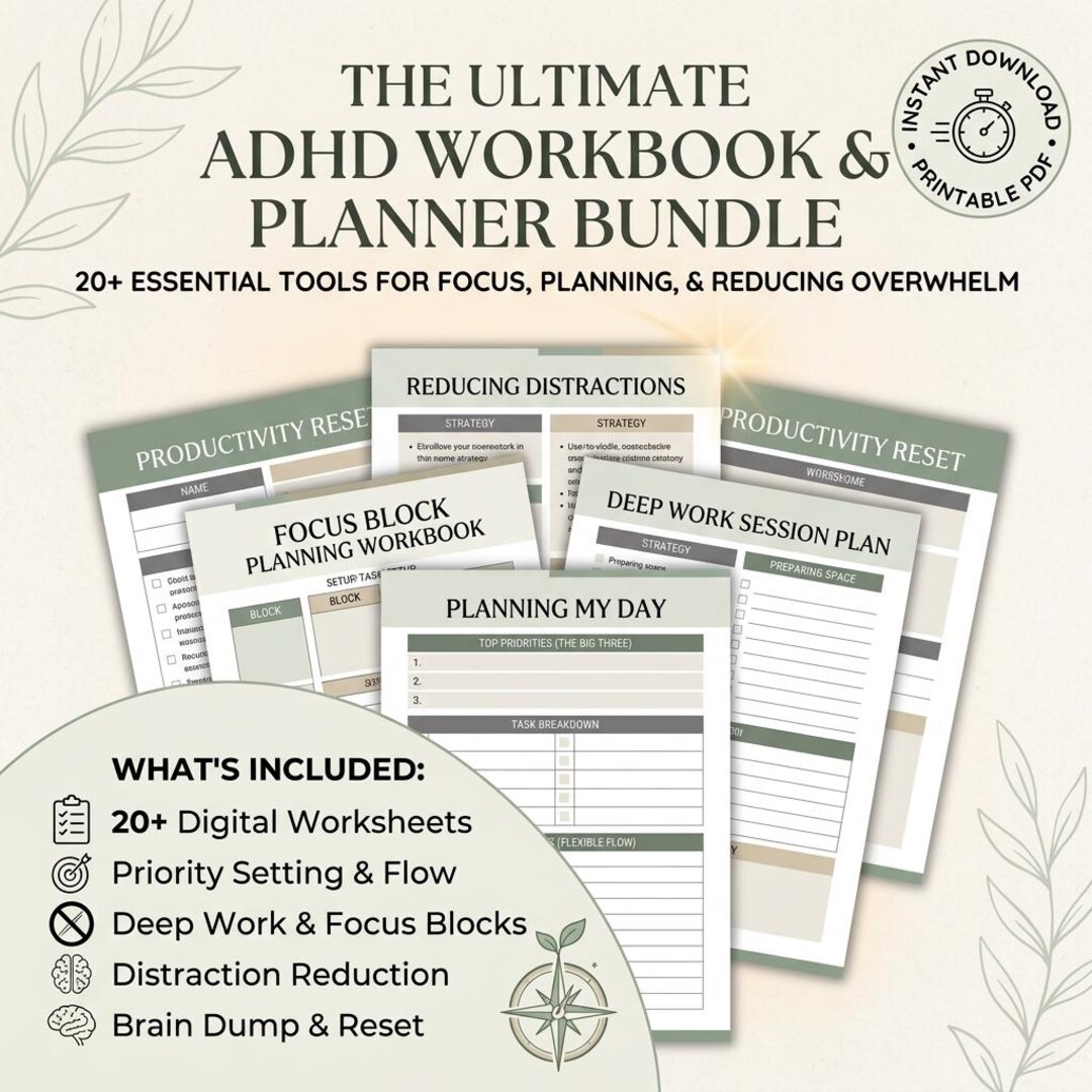 ADHD Planner Printable for Adults Focus Productivity Worksheets Reduce ...