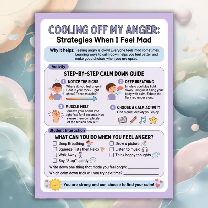 K&ouml;nnte beinhalten: Ein farbenfrohes Lehrplakat mit dem Titel &bdquo;COOLING OFF MY ANGER: Strategies When I Feel Mad&ldquo;. Es zeigt eine Schritt-f&uuml;r-Schritt-Anleitung zur Beruhigung mit Illustrationen und Aufforderungen zur Sch&uuml;lerinteraktion. Das Plakat enth&auml;lt Text und Grafiken zur Bew&auml;ltigung von Wut.