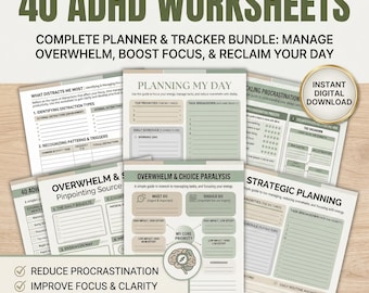 Ensemble imprimable de feuilles de travail sur le TDAH | 40 outils de concentration, de gestion du temps et de productivité | Santé mentale et fonction exécutive PDF