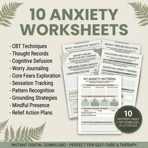 Könnte beinhalten: Ein digitaler Download von 10 Angst-Arbeitsblättern. Die Arbeitsblätter behandeln Themen wie kognitive Verhaltenstherapie, Gedankenprotokolle und Erdungsstrategien. Das Bild enthält den Text "10 Anxiety Worksheets" und "Instant Digital Download".