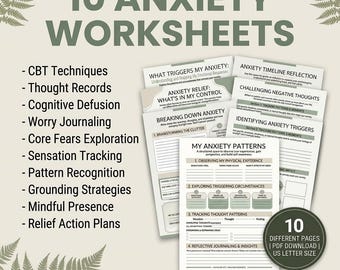 10 feuilles de travail pour soulager l'anxiété au format PDF, Aide rapide pour le stress et la réflexion excessive, Activités à imprimer sur la santé mentale