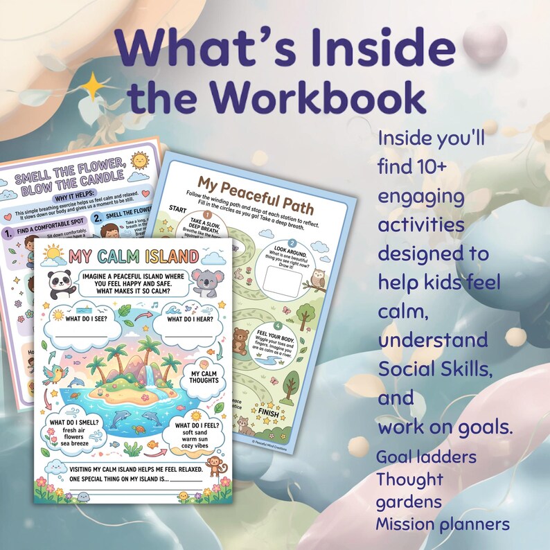 K&ouml;nnte beinhalten: Ein farbenfrohes Arbeitsbuch mit dem Titel "What's Inside the Workbook" mit ansprechenden Aktivit&auml;ten f&uuml;r Kinder. Die Seiten zeigen Illustrationen einer ruhigen Insel, eines friedlichen Pfades und Aufforderungen, Gef&uuml;hle und Gedanken zu erforschen.