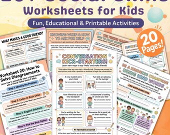 May include: A collection of printable worksheets for kids, focused on social skills. The colorful pages feature activities on topics like making friends, solving disagreements, and using kind words. The image includes the text "20+ Social Skills Worksheets for Kids."