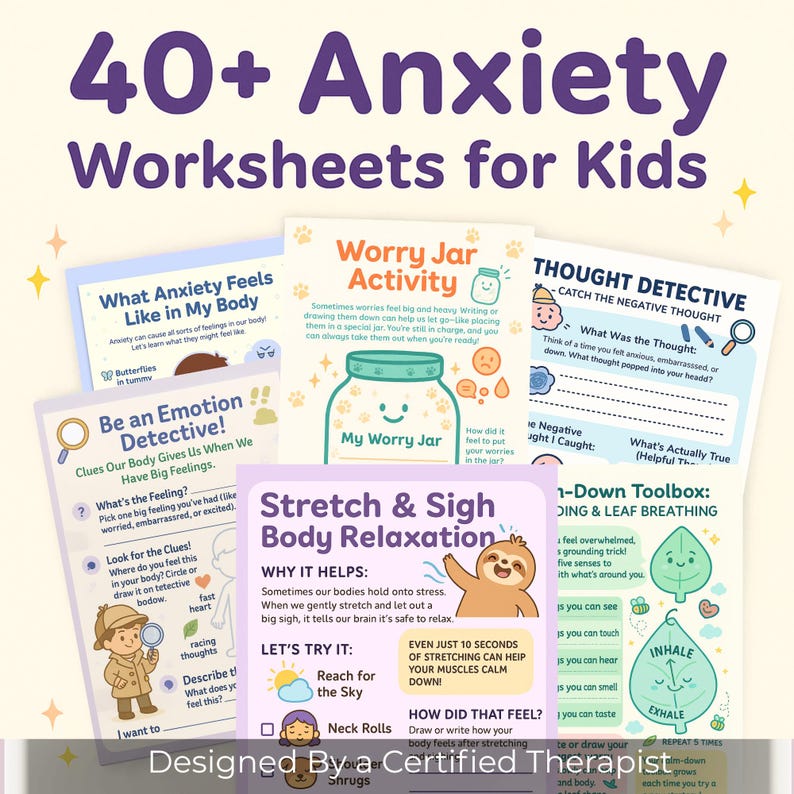 May include: A collection of over 40 anxiety worksheets for kids. The colorful pages feature illustrations and prompts for activities like identifying feelings, using a worry jar, and practicing relaxation techniques. The text includes "What Anxiety Feels Like in My Body" and "Thought Detective."