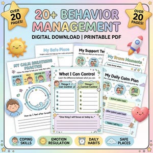 May include: A digital download printable PDF with over 20 pages of behavior management tools. Includes pages for calm breathing, identifying what can be controlled, and daily calm plans. Features colorful illustrations and text.