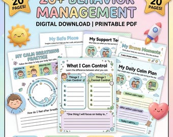 May include: A digital download printable PDF with over 20 pages of behavior management tools. Includes pages for calm breathing, identifying what can be controlled, and daily calm plans. Features colorful illustrations and text.
