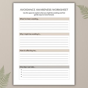 Peut inclure: Une feuille de travail blanche intitul&eacute;e "AVOIDANCE AWARENESS WORKSHEET" avec des invites pour explorer l'&eacute;vitement. La feuille de travail comprend des sections pour identifier ce qui est &eacute;vit&eacute;, les raisons de l'&eacute;vitement, les effets et une &eacute;tape &agrave; suivre. Texte en noir.