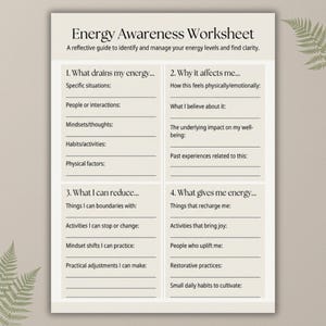 Peut inclure: Une feuille de travail beige intitul&eacute;e "Energy Awareness Worksheet" avec des invites pour identifier et g&eacute;rer les niveaux d'&eacute;nergie. La feuille de travail comprend des sections sur les pertes d'&eacute;nergie, les effets, les strat&eacute;gies de r&eacute;duction et les sources d'&eacute;nergie. Le texte est en noir.