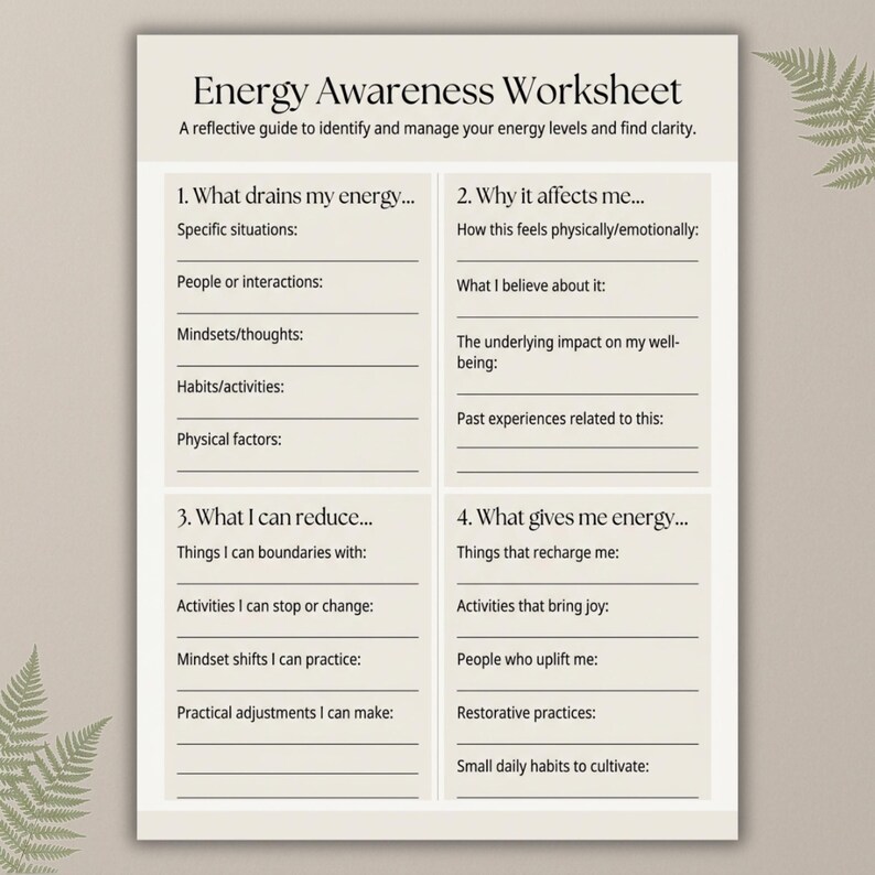 Peut inclure: Une feuille de travail beige intitul&eacute;e "Energy Awareness Worksheet" avec des invites pour identifier et g&eacute;rer les niveaux d'&eacute;nergie. La feuille de travail comprend des sections sur les pertes d'&eacute;nergie, les effets, les strat&eacute;gies de r&eacute;duction et les sources d'&eacute;nergie. Le texte est en noir.
