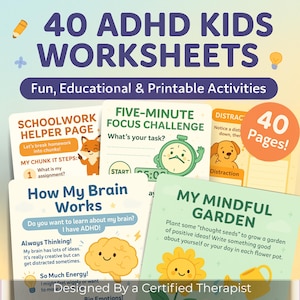 Kids ADHD Worksheets Bundle 40 Pages | ADHD Activities Printable | Executive Function Tools | Instant Download PDF
