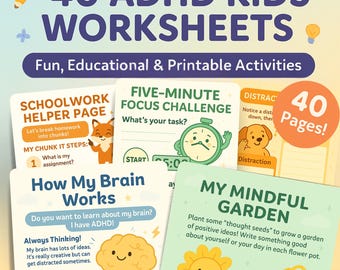 Kids ADHD Worksheets Bundle 40 Pages | ADHD Activities Printable | Executive Function Tools | Instant Download PDF