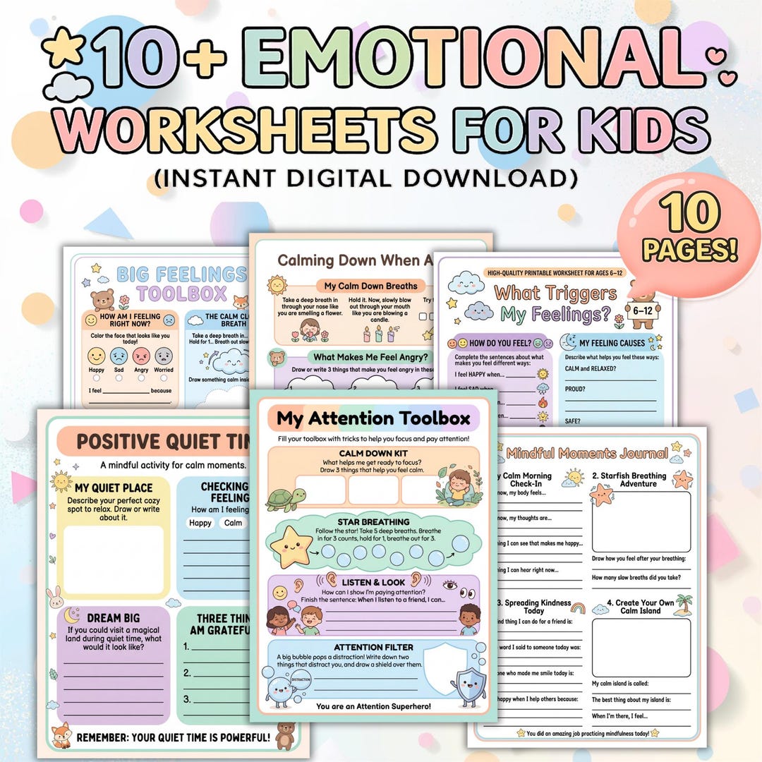 Emotional Worksheets for Kids PDF, 10 Page Feelings & Coping Skills ...