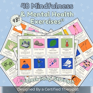 Kids Mindfulness Cards Digital Download | 48 Calming Activities for Kids & Teens | Anxiety Relief Cards | Mental Health Prints for Children