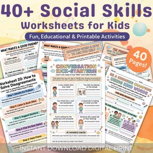 May include: A set of printable worksheets for children, designed to teach social skills. The colourful pages include activities on topics such as making friends, resolving disagreements, and using kind words. The worksheets are fun and educational.