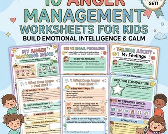 May include: A colorful set of 10 anger management worksheets for kids. The worksheets, with titles like "My Anger Warning Signs" and "Talking About My Feelings," are designed to build emotional intelligence and calm. The set includes a "Breathing Star Adventure" and "My Calm Down Choices" activities. The text "Instant Download Printable PDF" is at the bottom.