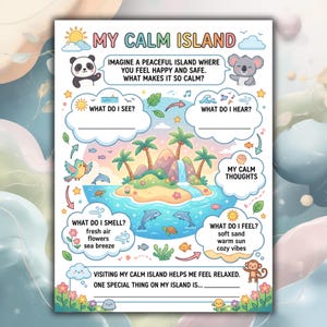 K&ouml;nnte beinhalten: Eine farbenfrohe Illustration mit dem Titel "My Calm Island" zeigt eine tropische Insel mit Wasserfall, Palmen und Meereslebewesen. Das Bild enth&auml;lt Aufforderungen zur Reflexion: "Was sehe ich?" "Was h&ouml;re ich?" "Was rieche ich?" "Was f&uuml;hle ich?"