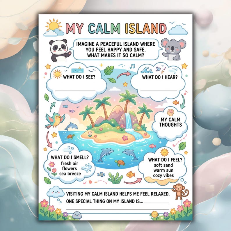K&ouml;nnte beinhalten: Eine farbenfrohe Illustration mit dem Titel "My Calm Island" zeigt eine tropische Insel mit Wasserfall, Palmen und Meereslebewesen. Das Bild enth&auml;lt Aufforderungen zur Reflexion: "Was sehe ich?" "Was h&ouml;re ich?" "Was rieche ich?" "Was f&uuml;hle ich?"
