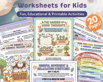 May include: A collection of 20+ mindfulness worksheets for kids, featuring fun, educational, and printable activities. The colorful pages include exercises on breathing, kindness, and feelings, with illustrations of animals and plants.