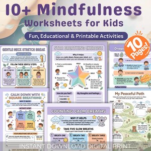 K&ouml;nnte beinhalten: Ein digitaler Druck mit &uuml;ber 10 Achtsamkeits-Arbeitsbl&auml;ttern f&uuml;r Kinder. Die Arbeitsbl&auml;tter umfassen Atem&uuml;bungen, Nackenstrecken und eine friedliche Pfadaktivit&auml;t. Das Design ist farbenfroh mit Illustrationen und Text.